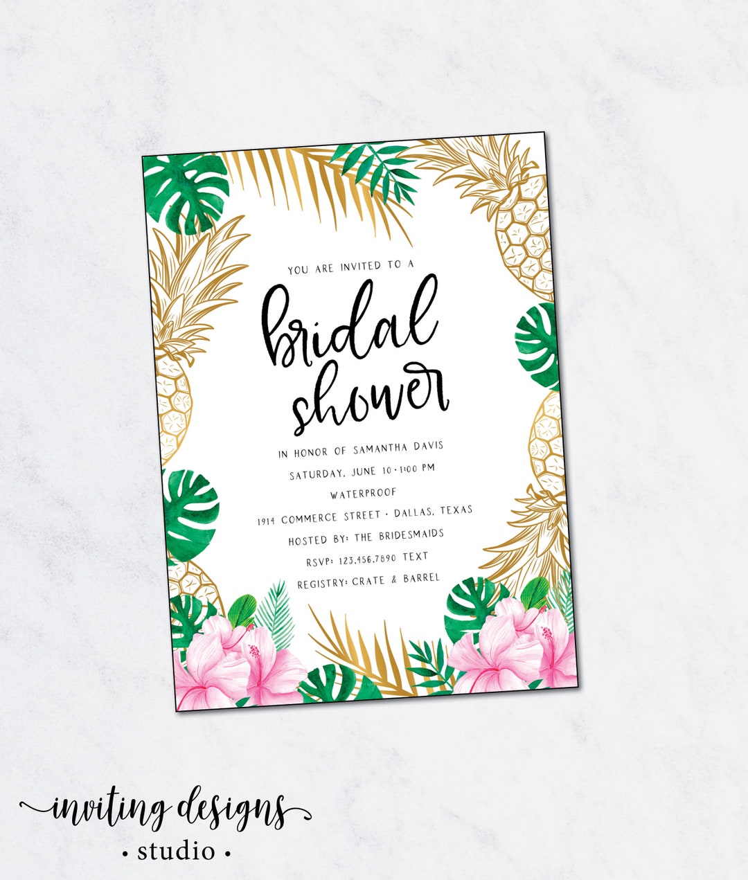 Tropical Bridal Shower Invitation, Summer Bridal Shower, Gold Pineapple