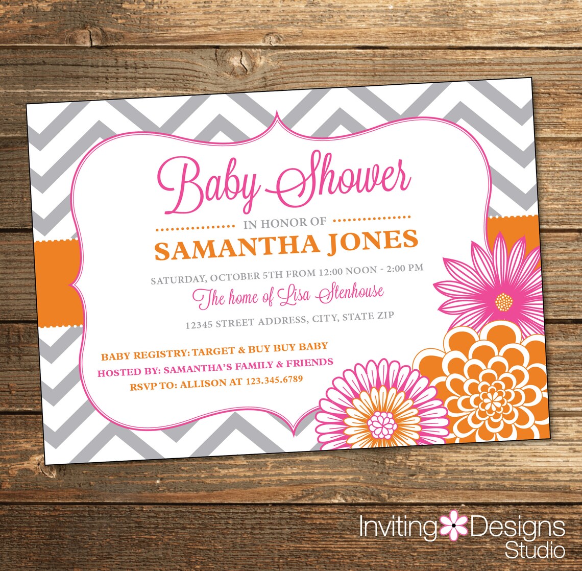 Girl Baby Shower Invitation / Pink and Orange / Chevron Baby Etsy