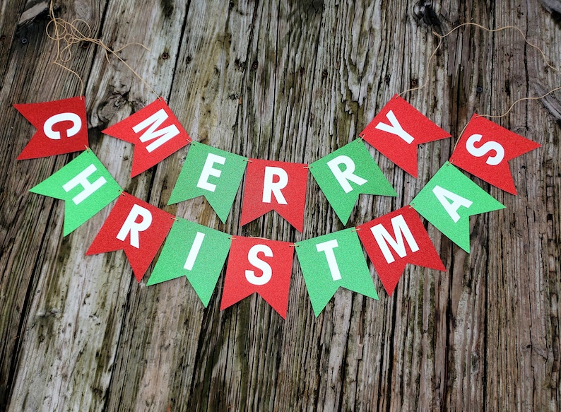 Red Green Traditional Christmas Christmas Party Decoration Christmas Banner Red and Green Glitter READY TO SHIP Merry Christmas Banner