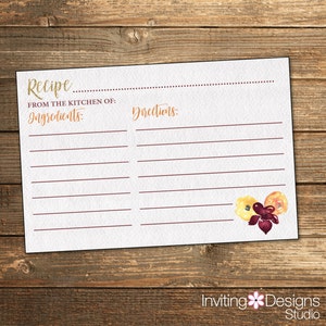 Fallen Brautdusche Rezept-Karte / Hochzeit Dusche / Aquarell Blumen / Herbst Farben / druckbare Datei