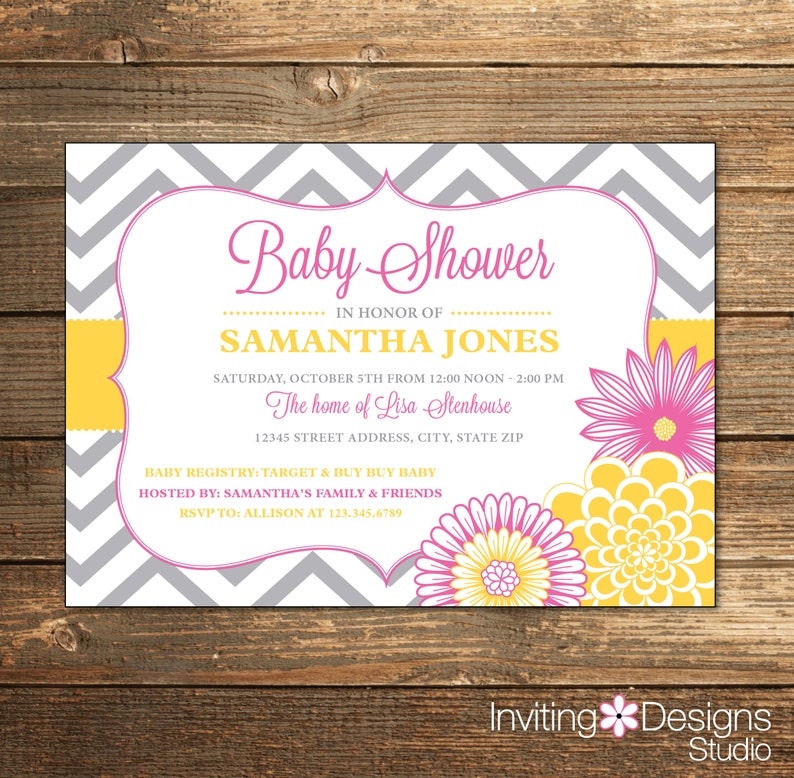 Baby Girl Shower Invitation Chevron Floral Flowers Girl Grey Gray Pink and Yellow Spring Summer Digital Invite Custom PRINTABLE Invitation image 1