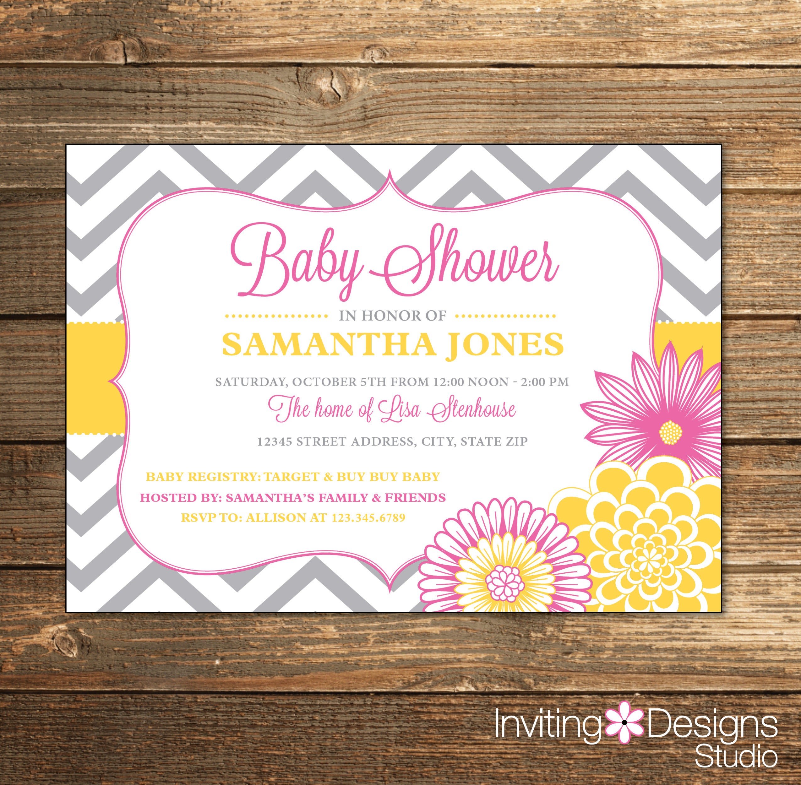 Baby Girl Shower Invitation Chevron Floral Flowers Girl Grey Etsy