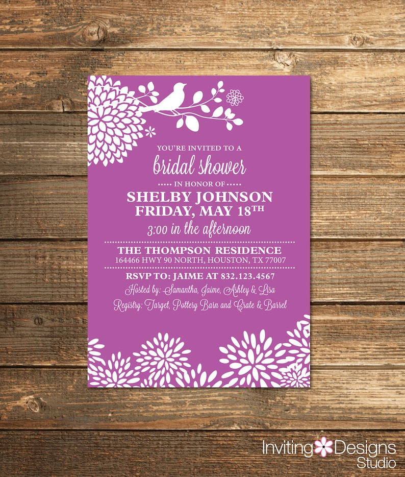 Orchid Purple Bridal Shower Invitation Bird Floral Etsy
