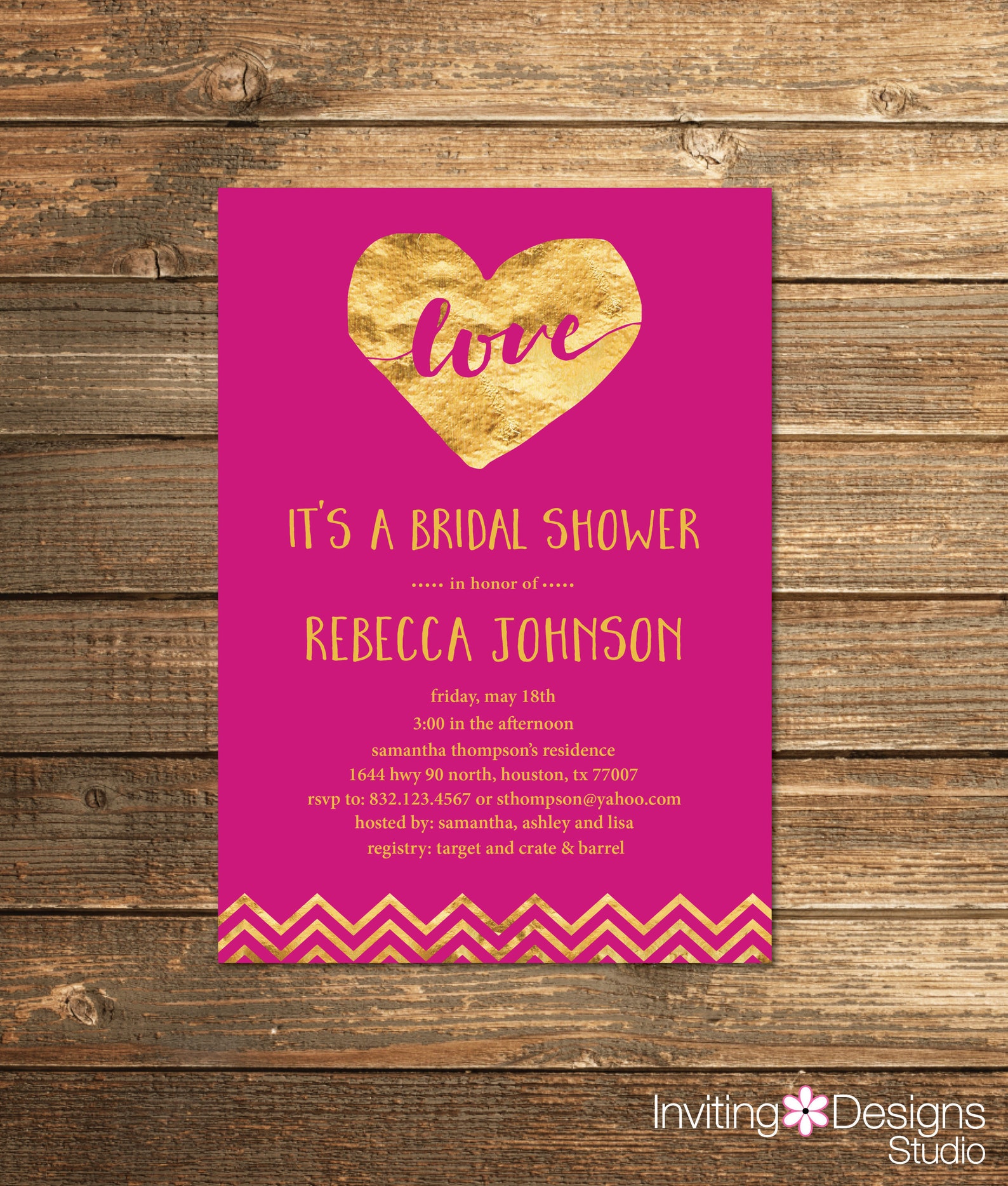 Gold and Fuchsia Pink Bridal Shower Invitation Gold Hot Etsy