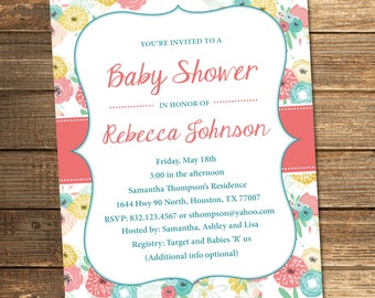 Baby Girl Shower Invitation, Floral, Watercolor, Rustic, Coral, Pink, Teal, Gold, White, Shabby, Chic, Vintage (PRINTABLE FILE)