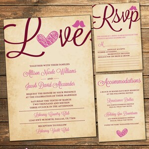 Invito a nozze rustico in Marsala e malva, Love Bird, Vintage, RSVP Card alloggi Card, matrimonio invito Suite (file stampabili)