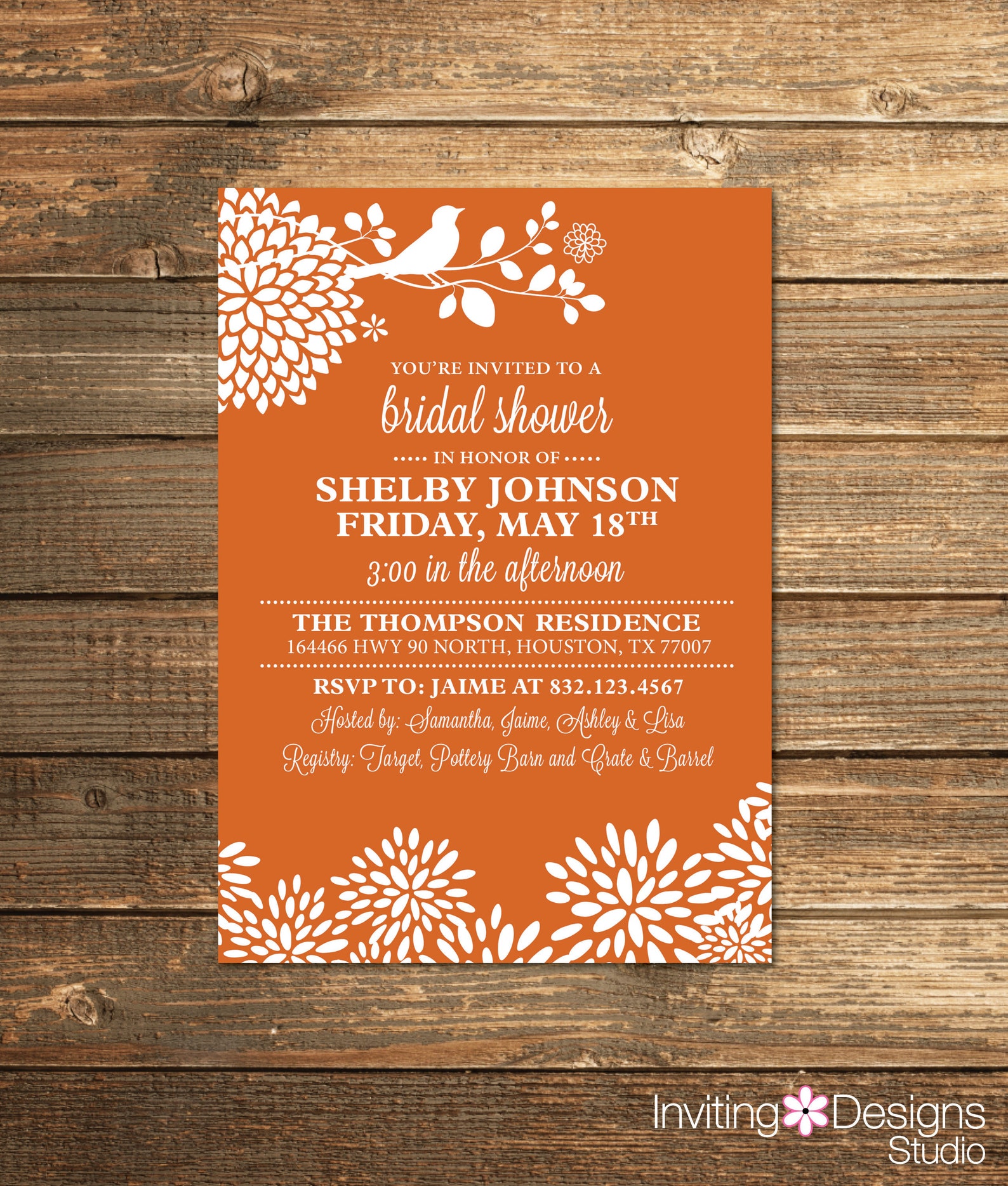 Orange Bridal Shower Invitation Burnt Orange Bird Floral Etsy