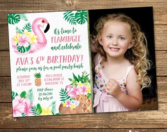 Flamingo Pool Party Invitation for Girl Birthday Invite Summer Party Tropical Pineapple Flamingle Digital Photo Luau Hawaiin theme PRINTABLE