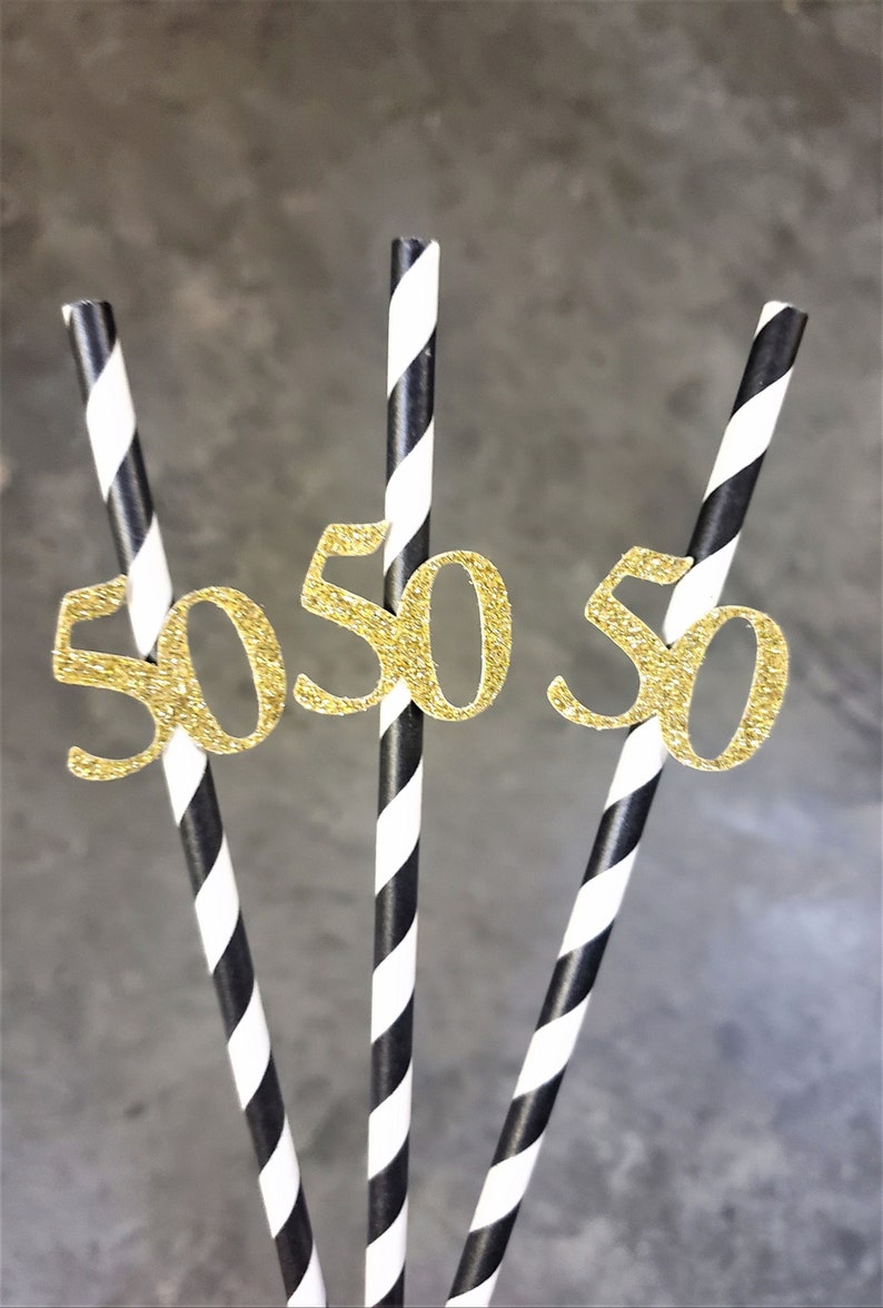 50th Birthday Straws, 50th Birthday Party Straws, Fiftieth Birthday Straws, Black and Gold, Black White Gold, Decorations, 12 ct, SET OF 12