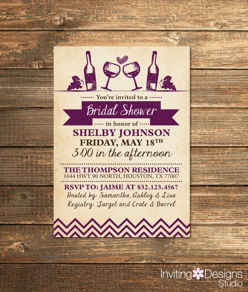 Wine Bridal Shower Invitation, Wine Party, Vintage, Rustic, Purple, Printable Invitations 