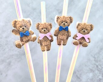 Teddy Bear Gender Reveal Straws, Pink and Blue Bow Theme, He or She Baby Shower Straws, Gender Reveal Party, SET OF 12 Straws