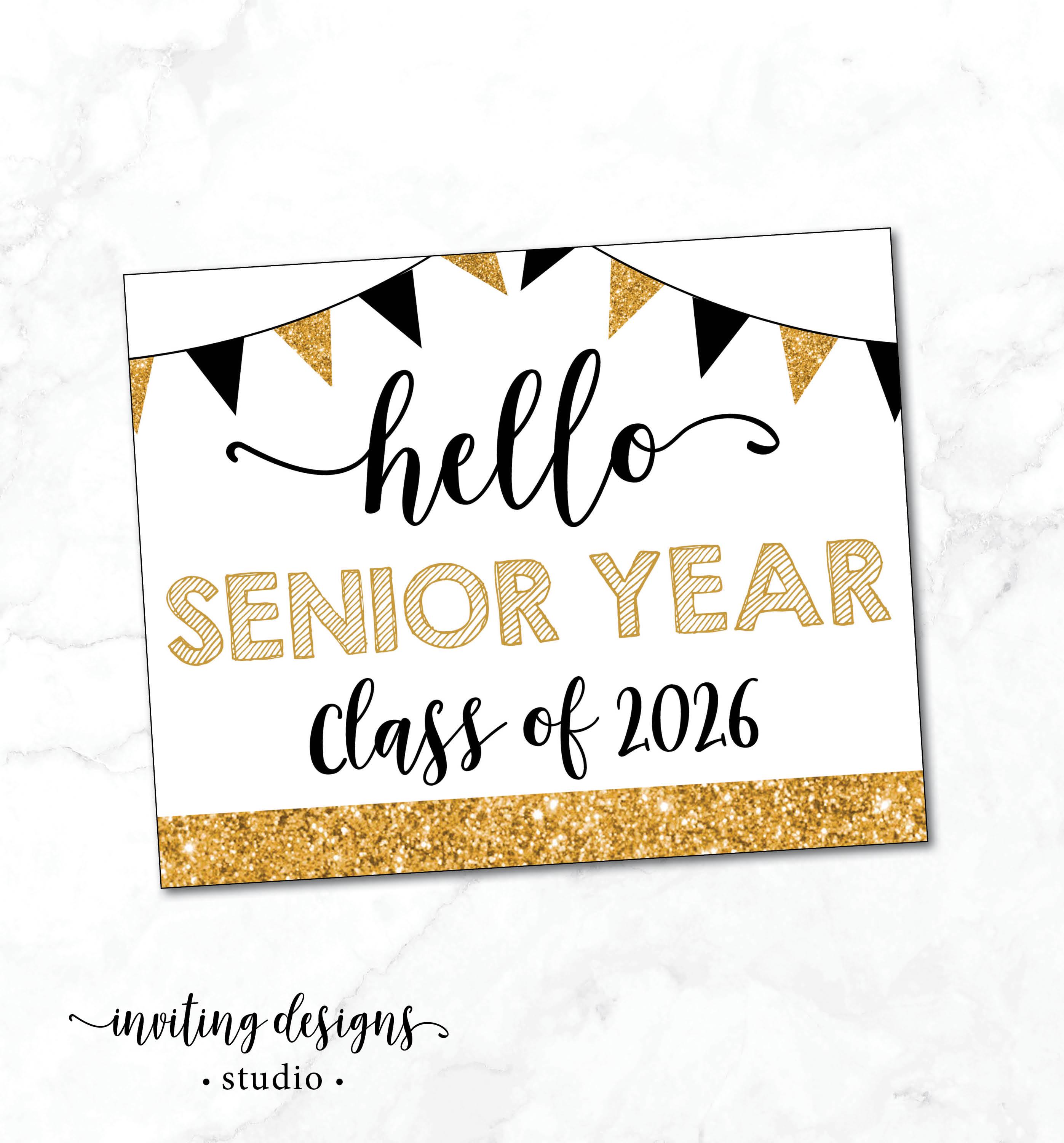 Cartello per il primo giorno di laurea / Anno da senior / Cartello per il primo giorno di laurea / Cartello stampabile / Glitter nero e oro / Download immediato, file stampabile