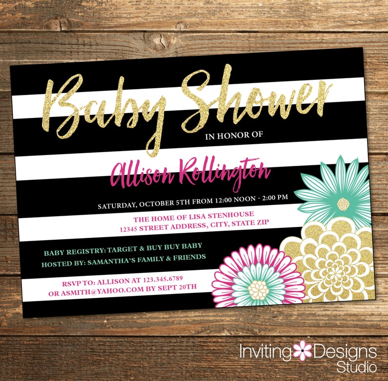 Girl Baby Shower Invitation Black Stripes Pink Mint and Etsy