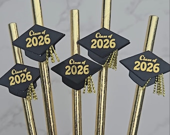 Graduation Party Supplies, Graduation Party Straws, Graduation Party Decoration, Graduation Straws, Black and Gold Straws, 2026, SET OF 12