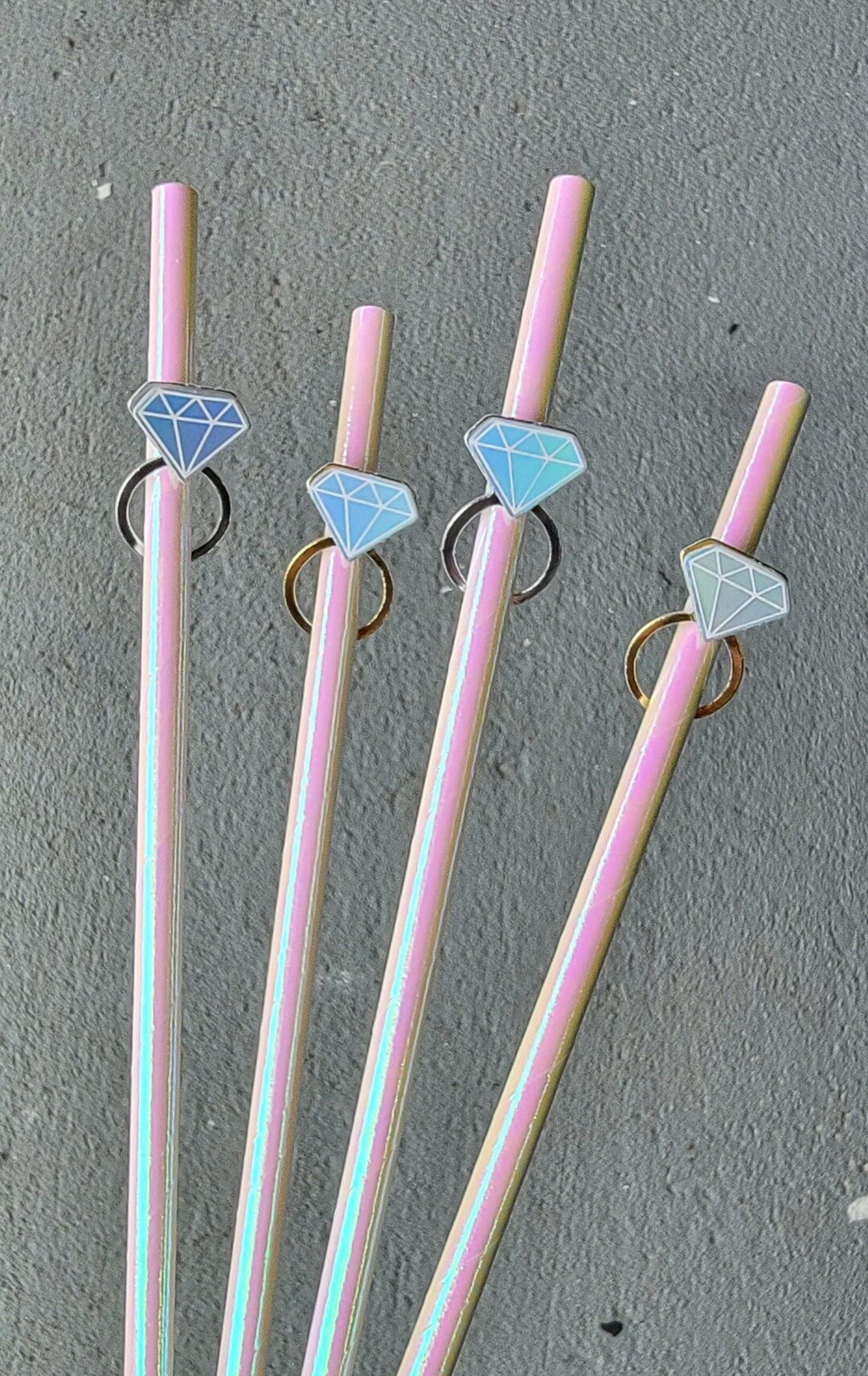 Wedding Ring Straws, Gold and Silver, White Iridescent Straw, Bridal