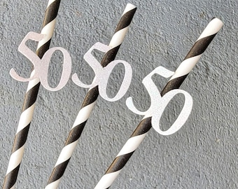 50th Birthday Straws, 50th Birthday Party Straws, Fiftieth Birthday Straws, Black and Gold, Black White Gold, Decorations, 12 ct, SET OF 12