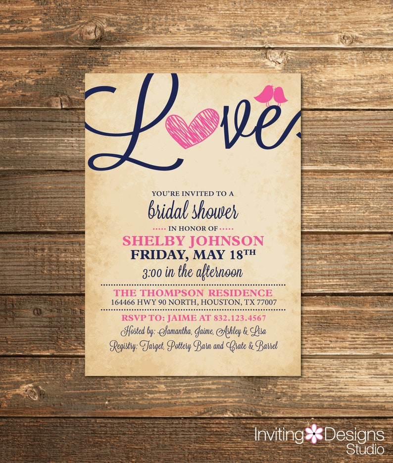 Bridal Shower Invitation, Love, Birds, Heart, Navy Blue, Pink, Rustic, Printable Invitations 