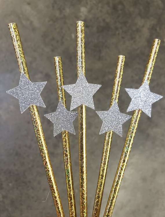 Star Straws, New Years Eve, New Years Party, New Year's, Silver Glitter Stars, Gold Straws, New Year Party Straws, SET OF 12 Straws