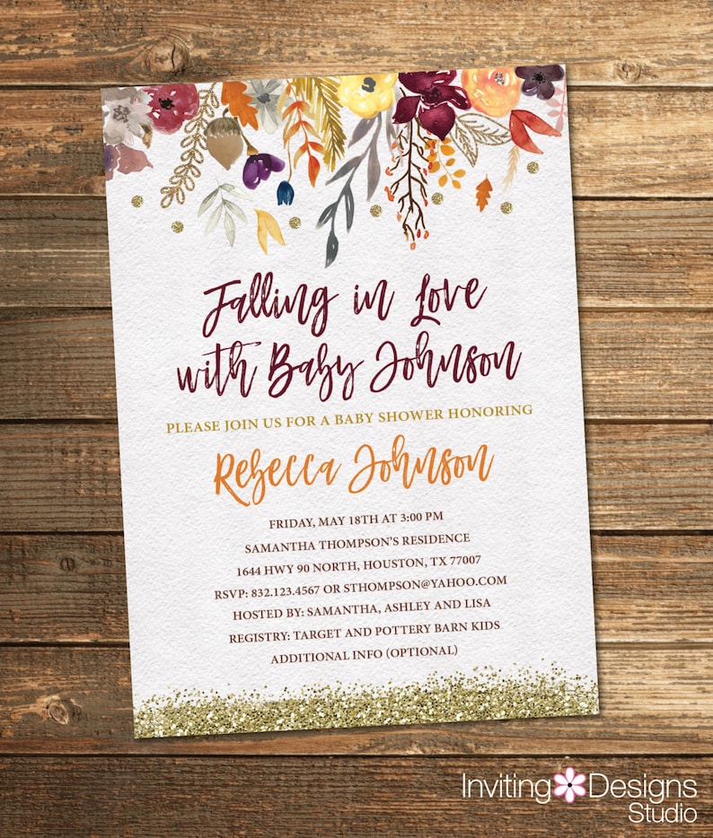May include: A baby shower invitation with a fall theme. The invitation features a watercolor floral design with gold glitter accents. The text reads "Falling in love with Baby Johnson" and includes details for the event, including the date, time, location, RSVP information, and registry.