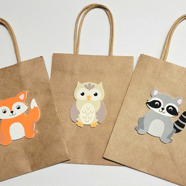 Favor Bags, Fox Owl Racoon, Woodland Goodie Bags, Woodland Goody Bags, Decoration for Forest Baby Shower, Woodland Birthday Party, SET OF 12