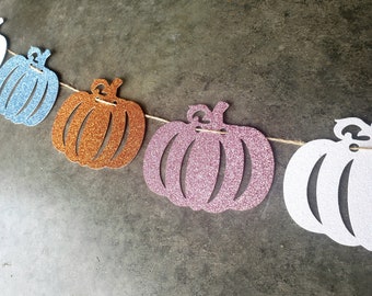 Fall Gender Reveal Banner, Pumpkin Garland, Fall Baby Shower Banner, Blue Pink Orange White Pumpkins, Gender Reveal Party, READY TO SHIP