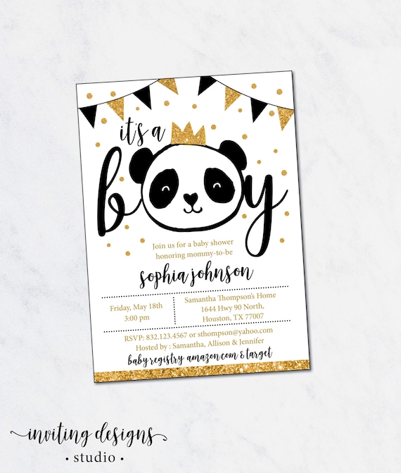 Panda Baby Shower Invitation, Boy Baby Shower Invitation, Baby Boy, Black  and Gold Baby Shower, Panda Bear Shower,f PRINTABLE INVITATION