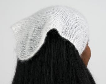 Handgefertigtes Seiden Mohair Bandana - Weißer Strick Haarschal - Verstellbarer Halsschal - Made to Order