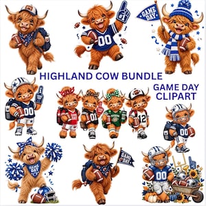 May include: A digital collection of Highland cow illustrations featuring various game day themes, including cows wearing football jerseys, helmets, and scarves, holding footballs, pennants, and pom-poms, with the text HIGHLAND COW BUNDLE GAME DAY CLIPART.