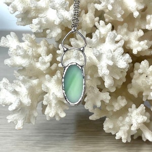 Mint Green Small Oval Stained Glass Necklace - Petite Tumbled Glass Pendant - Shiny Silver -  Vintage Style - Unique Gift for Her