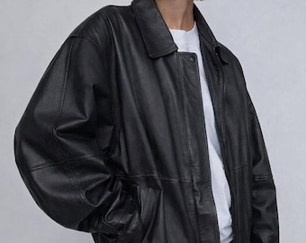 Chaqueta bomber vintage de piel de cordero auténtica para mujer, estilo años 90, talla grande