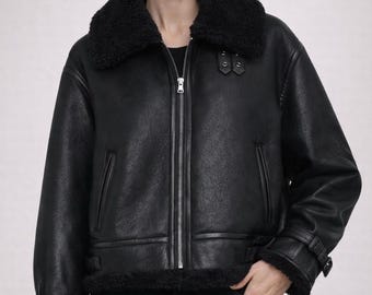 Chaqueta de piel de oveja negra para mujer, abrigo de piel natural