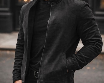 Chaqueta de ante negra para hombre, estilo clásico e informal