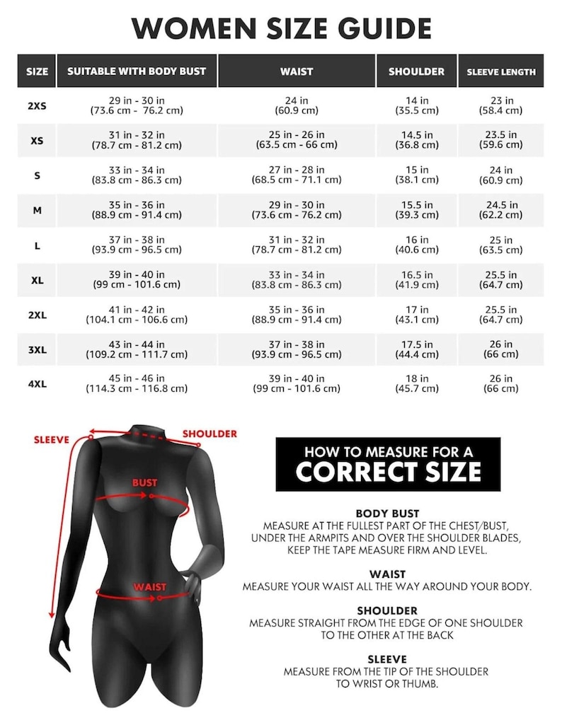 Puede incluir: Una gu&iacute;a de tallas para mujeres con medidas en pulgadas y cent&iacute;metros. La gu&iacute;a incluye medidas de busto, cintura, hombros y largo de manga para tallas 2XS a 4XL. Un diagrama ilustra c&oacute;mo medir para una talla correcta.