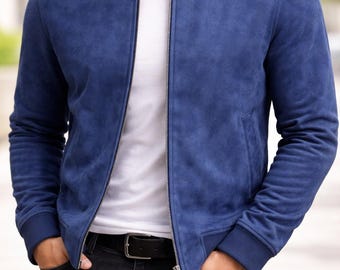 Chaqueta bomber de piel de cabra auténtica para hombre, estilo motero, color azul rey
