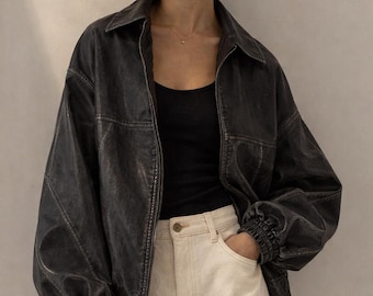 Chaqueta bomber extragrande de piel de oveja negra para mujer, de piel auténtica