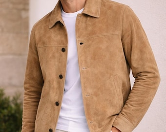 Chaqueta de cuero de gamuza color marrón claro para hombre, estilo clásico e informal.