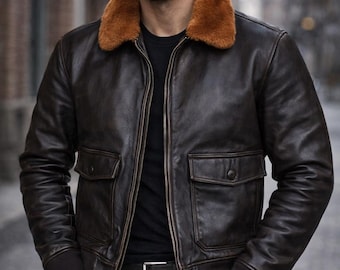 Chaqueta de vuelo G1 para hombre, estilo aviador de cuero vintage, estilo bomber negro