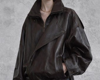 Chaqueta bomber extragrande de piel de oveja marrón para mujer, estilo Y2K