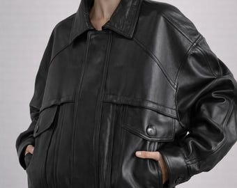 Chaqueta bomber de piel de oveja de gran tamaño de los años 90, estilo vintage