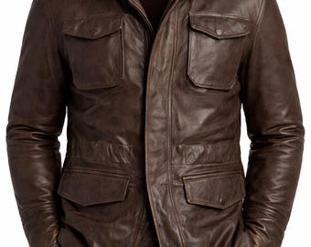 Chaqueta de campo de piel de cordero auténtica para hombre, abrigo informal marrón