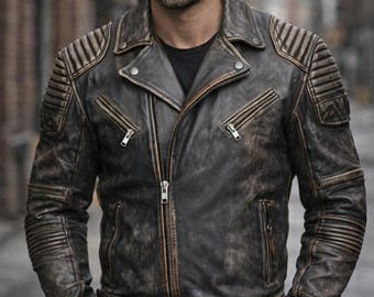 Chaqueta de cuero auténtico estilo motociclista Cafe Racer vintage desgastada para hombre
