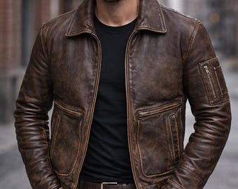 Chaqueta vintage de cuero auténtico American Pilot Air Force para hombre, color marrón, granate y negro