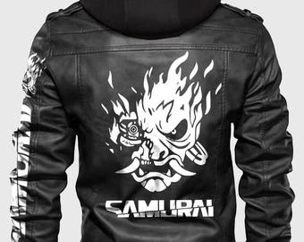 Chaqueta samurái negra Cyberpunk 2077 / Disfraz de cosplay de cuero estilo V's Bomber para hombre