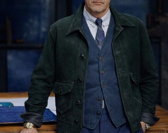 Chaqueta vaquera de ante verde para hombre / Estilo western clásico