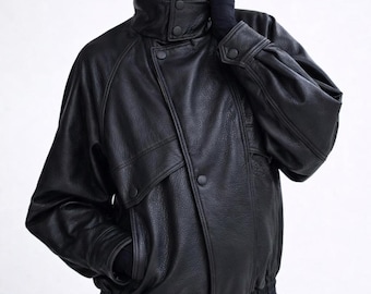 Chaqueta bomber extragrande de piel auténtica para mujer, color negro