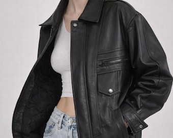 Chaqueta clásica de piel auténtica negra de gran tamaño para mujer