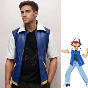 May include: Blue and white leather jacket with a white collar and short sleeves. The jacket has yellow accents on the pockets and zipper. The image also includes a cartoon character wearing a similar jacket.