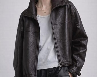 Chaqueta bomber de piel auténtica de gran tamaño para mujer, estilo motero vintage Y2K