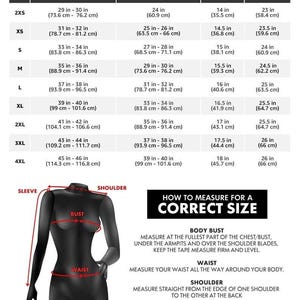 May include: Women's size guide with bust, waist, shoulder, and sleeve length measurements in inches and centimeters. Includes a diagram of a mannequin with measurement points and instructions on how to measure for a correct size.
