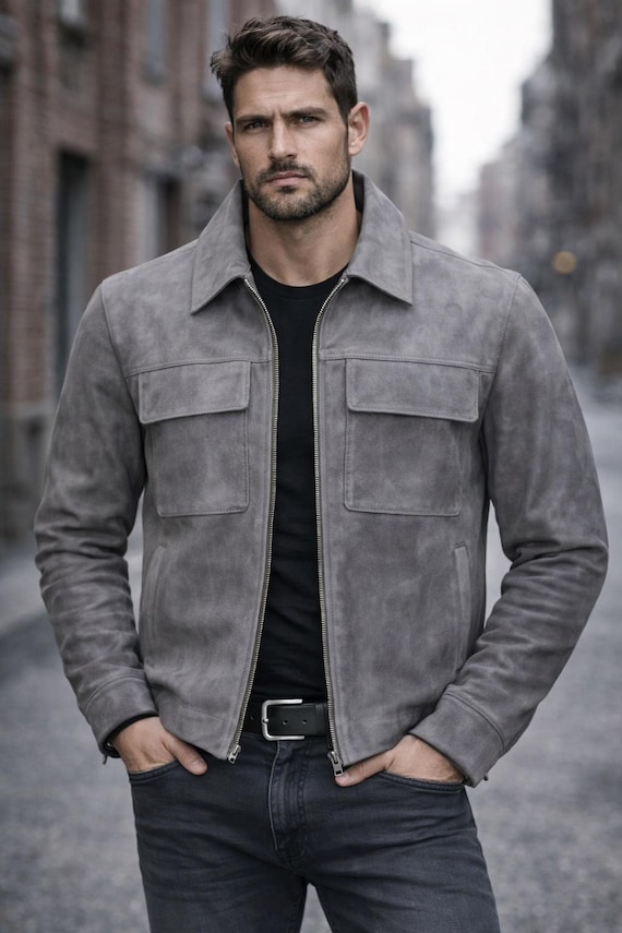 Men’s Gray Suede Leather Moto Biker Jacket Soft Real Zipper Style